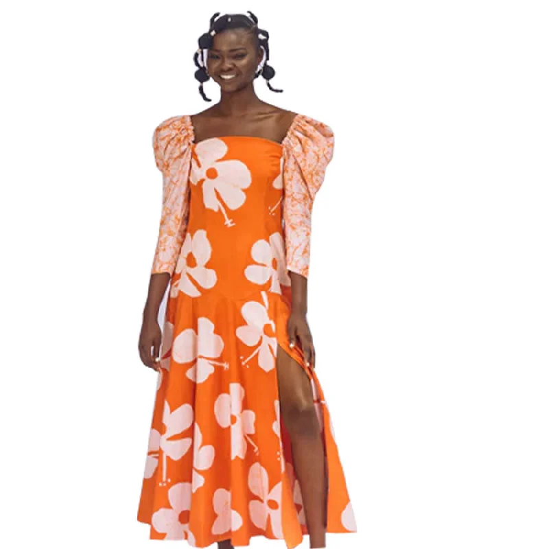 cute maxi dresses for spring -AGA CULTURE Nkem Orange Crackle Marble Slit Maxi Dress