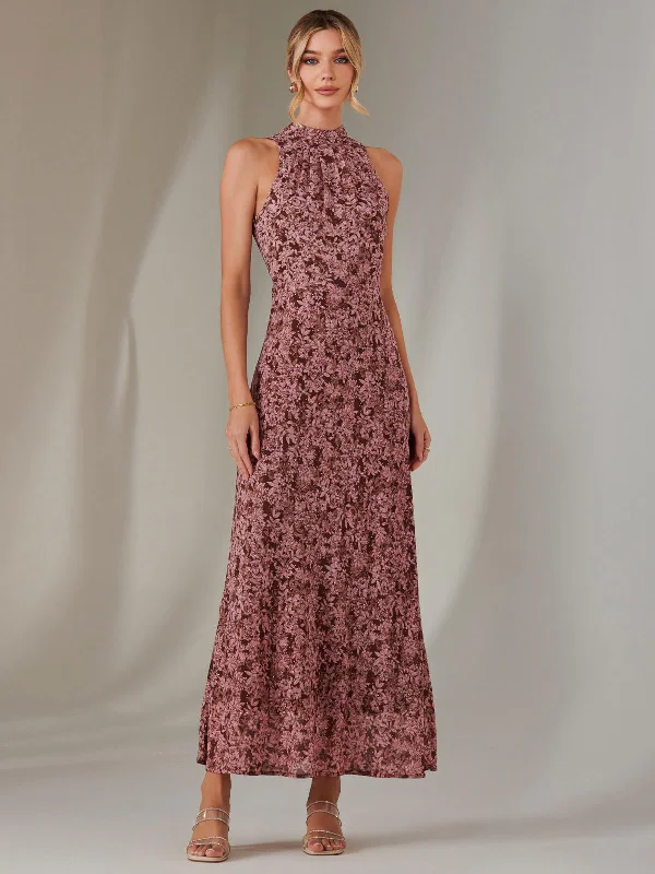 trendy maxi dresses for style -Chiffon Maxi Dress, Burgundy Pattern