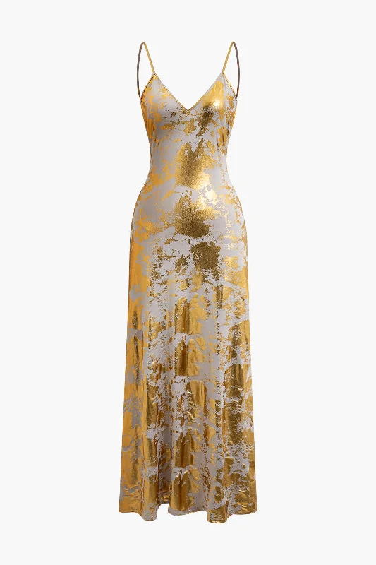 yellow maxi dresses for brightness -Metallic Print V-neck Backless Slip Maxi Dress