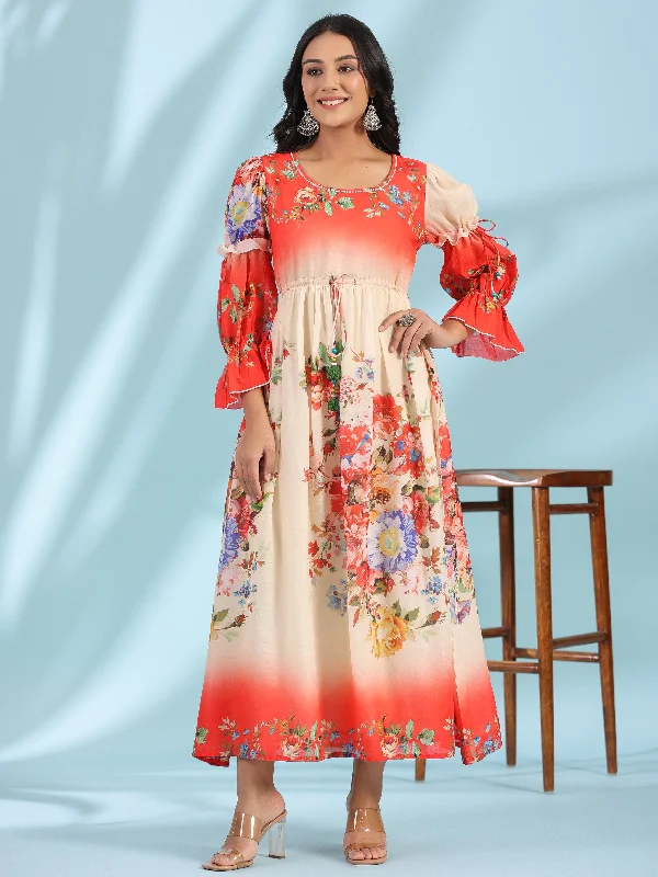 maxi dresses with unique sleeves -Juniper Off-White Floral Printed Cotton Maxi Dress With Beads & Sequins Work