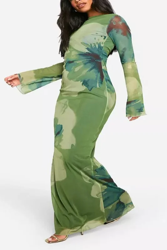 elegant maxi dresses for summer -Plus Size Floral Print Backless Maxi Dress