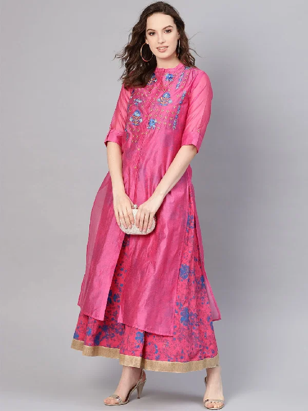 maxi dresses with floral designs -Juniper Fuchsia Chanderi Ethnic Motif Printed Layered Maxi Dress With Thread Work Embroidery