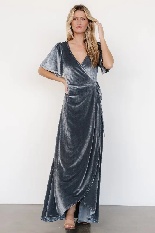 red maxi dresses for women -Katelyn Velvet Maxi Wrap Dress | Dusty Blue