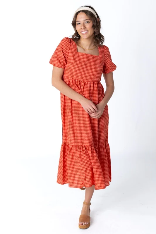 chic maxi dresses for women -Brass & Roe Gingham Square Neck Dress - Fall