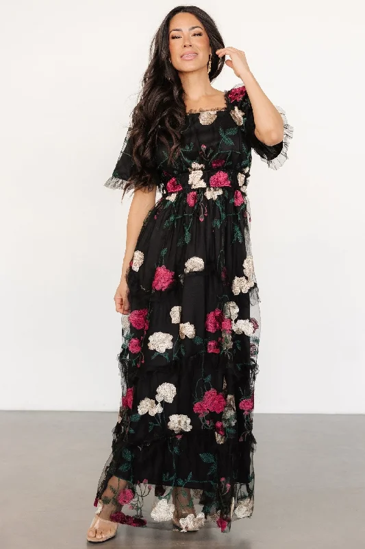 trendy maxi dresses for style -Allison Embroidered Tulle Maxi Dress | Black Multi