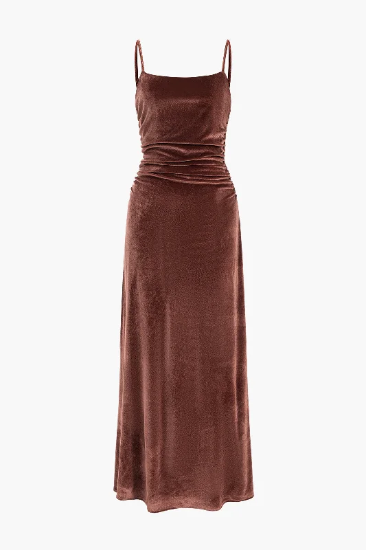 red maxi dresses for women -Velvet Ruched Slip Maxi Dress