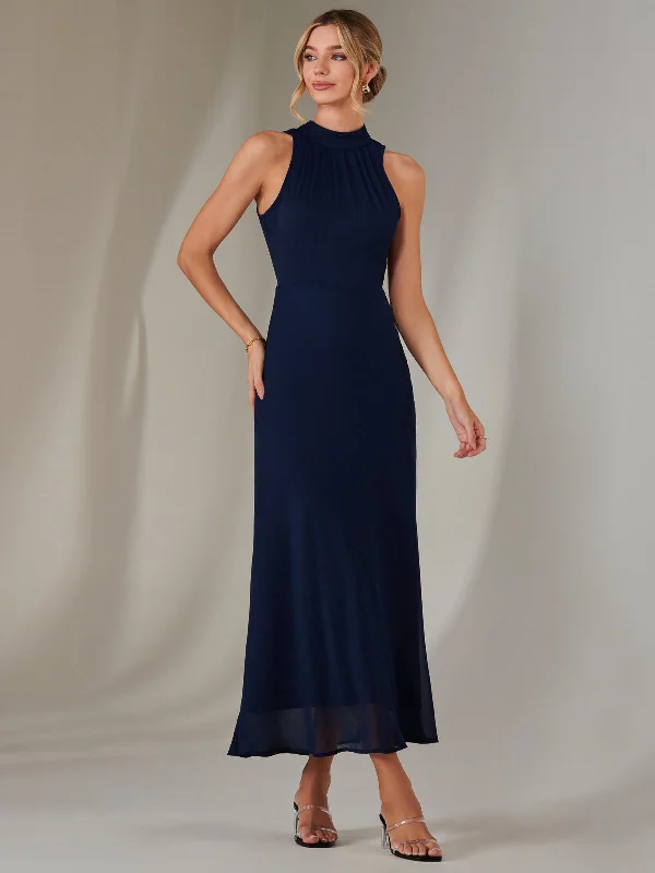 maxi dresses with unique trim -Halter Neck Open Back Chiffon Maxi Dress, Navy