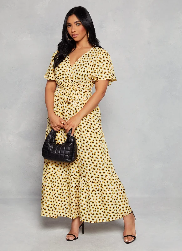 elegant maxi dresses for dates -Sunflower Flutter Sleeve Maxi Sundress