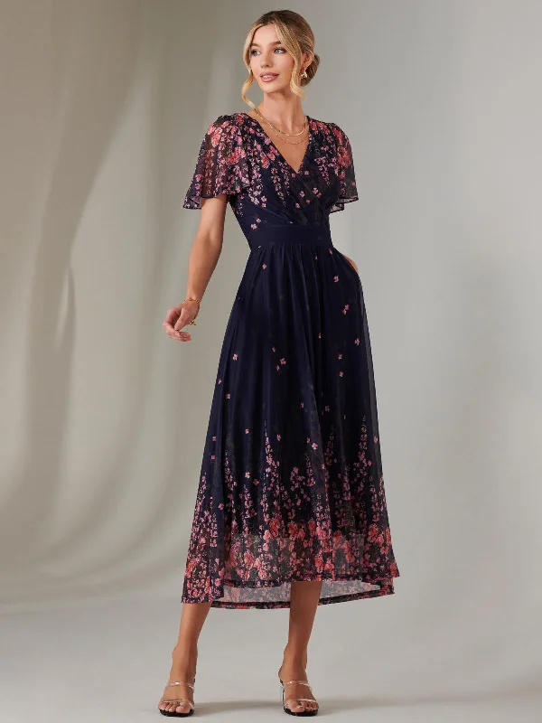 boho maxi dresses for club -Wrap Maxi Dress, Navy Pink Multi