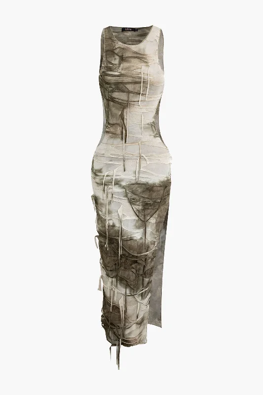 cute maxi dresses for events -Tie Dye Distressed Sleeveless Cut Out Slit Maxi Dress