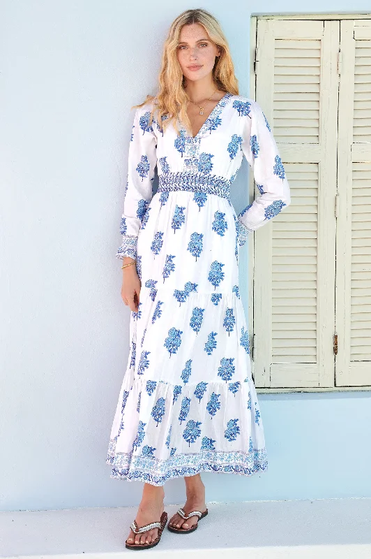 boho maxi dresses for fall -Billie Block Print Dress | Daliya Buta Blue