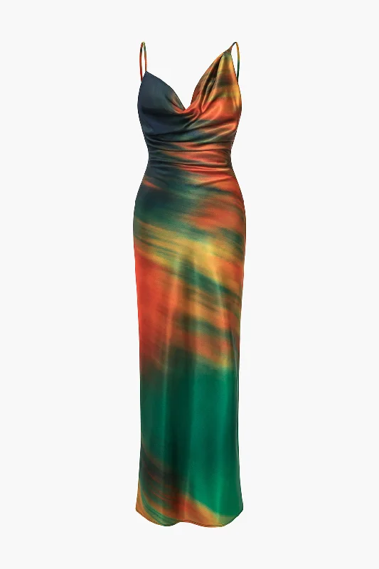 cute maxi dresses for girls -Ombre Print Cowl Neck Asymmetrical Slip Maxi Dress