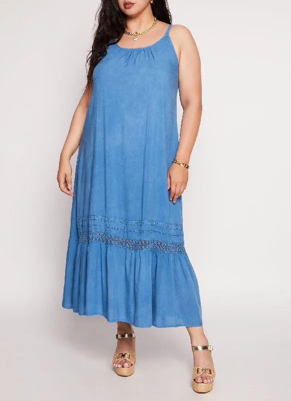 elegant maxi dresses for teens -Plus Size Acid Wash Braided Strap Crochet Detail Dress