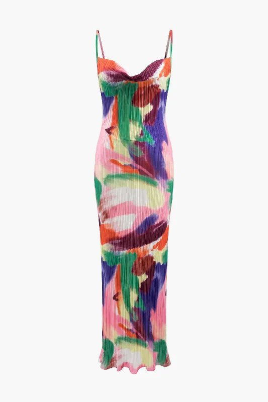 elegant maxi dresses for warmth -Abstract Cowl Neck Plisse Maxi Dress