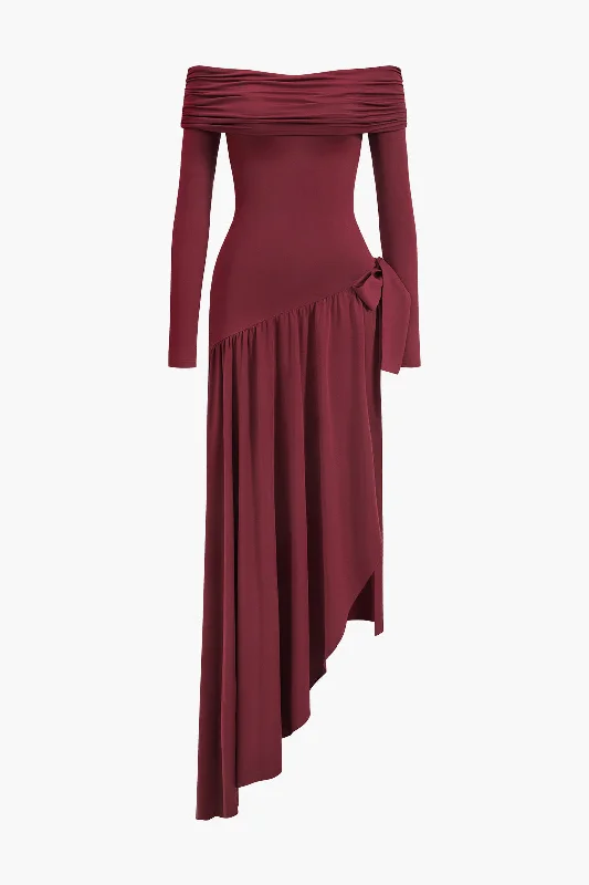 casual maxi dresses for fall -Bow Off Shoulder Long Sleeve Maxi Dress