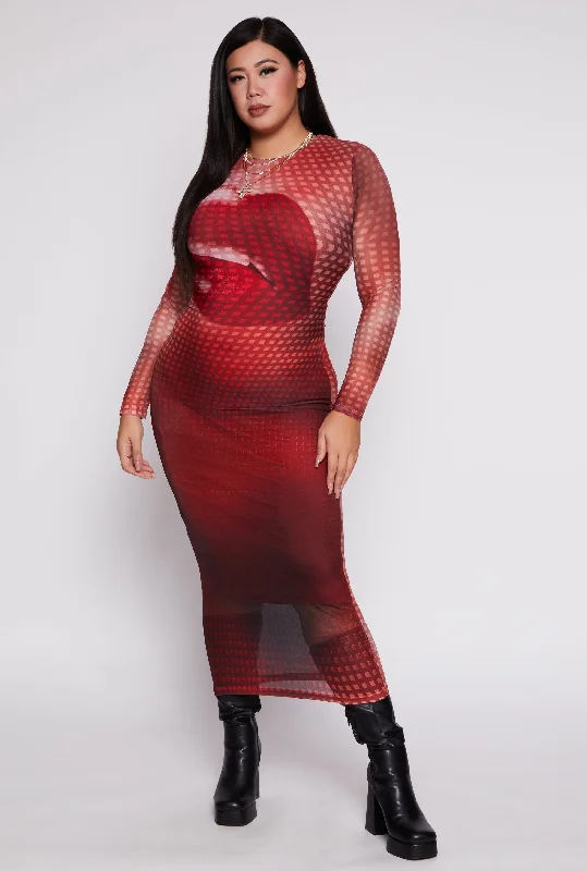 elegant maxi dresses for dates -Plus Size Almost Famous Mesh Lip Graphic Dress