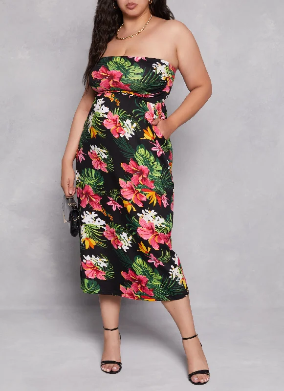 red maxi dresses for women -Plus Size Floral Print Maxi Tube Dress