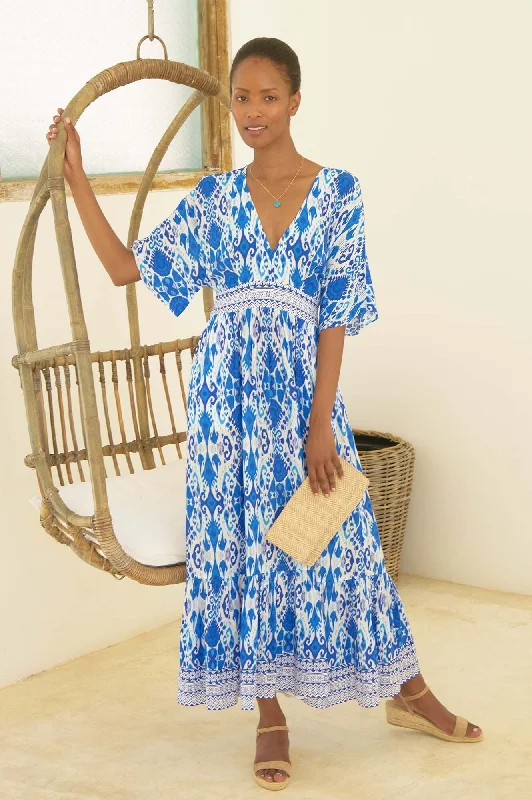 chic maxi dresses for women -Lena EcoVero™ Dress | Ikat Blue/White