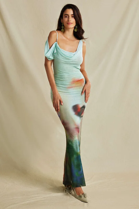 maxi dresses with chic trim -Tie Dye Mesh Backless Asymmetric Cowl Neck Maxi Dress