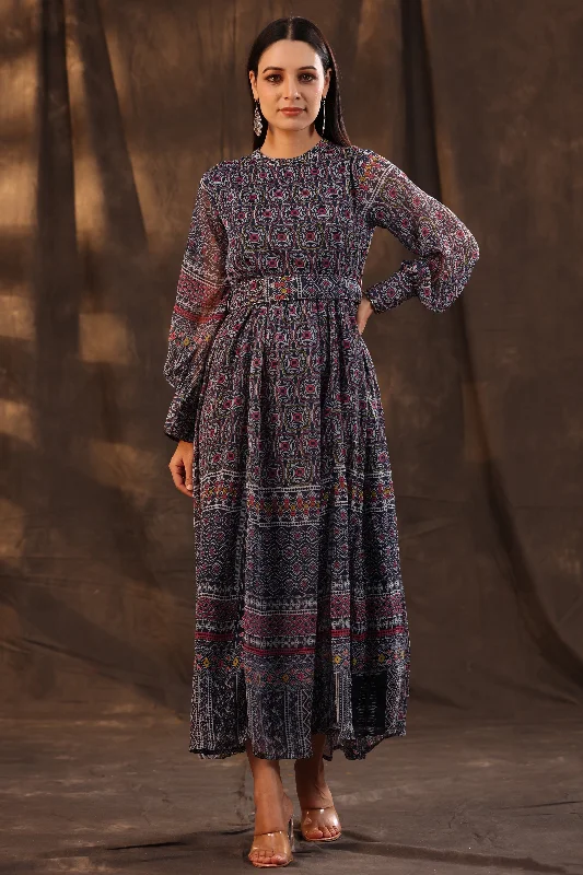 budget maxi dresses for kids -Juniper Navy Blue Geometric Printed Chiffon Flared Maxi Dress With Buttons.