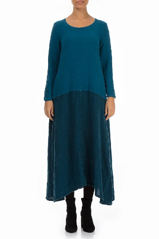 maxi dresses with unique colors -Flared Maxi Two-Tone Turquoise Linen Viscose Dress