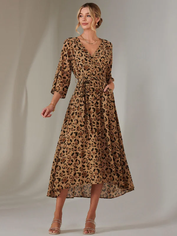 black maxi dresses for warmth -Gold Spot Printed Chiffon Maxi Dress, Brown Leopard