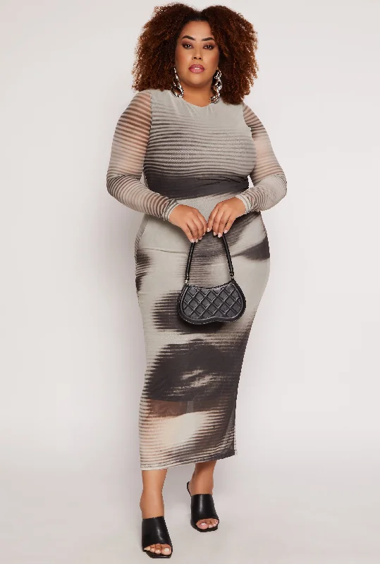 maxi dresses with chic sleeves -Plus Size Almost Famous Mesh Face Graphic Dress