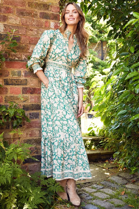 boho maxi dresses for dates -Emmeline Block Print Dress | Tea Rose Green/Taupe