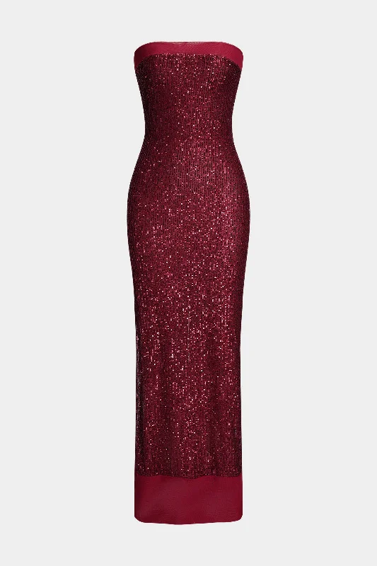 elegant maxi dresses for nights -Sequin Strapless Sleeveless Maxi Dress