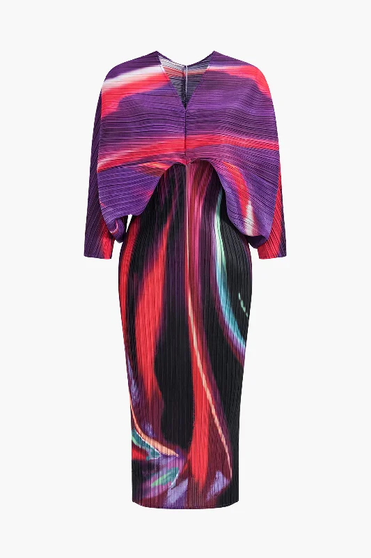 cute maxi dresses for club -Abstract Print Pleated V-Neck Batwing Sleeve Maxi Dress