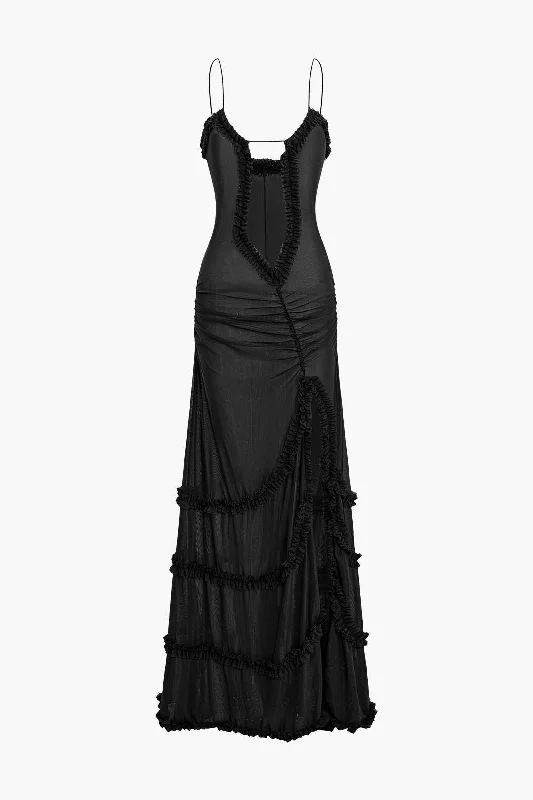 maxi dresses with bold frills -Mesh Ruched Layered Frill Slip Maxi Dress