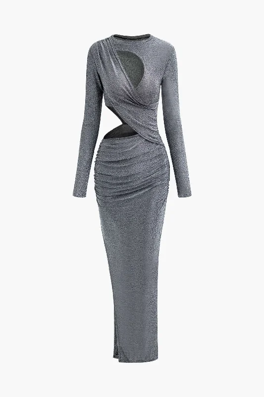 chic maxi dresses for parties -Lurex Asymmetric Cut Out Long Sleeve Maxi Dress