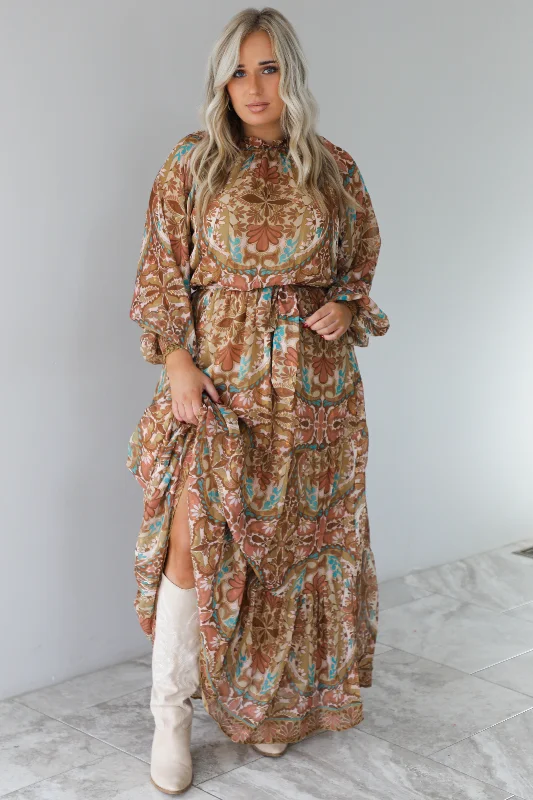 chic maxi dresses for club -Charming Glance Maxi Dress: Caramel/Multi