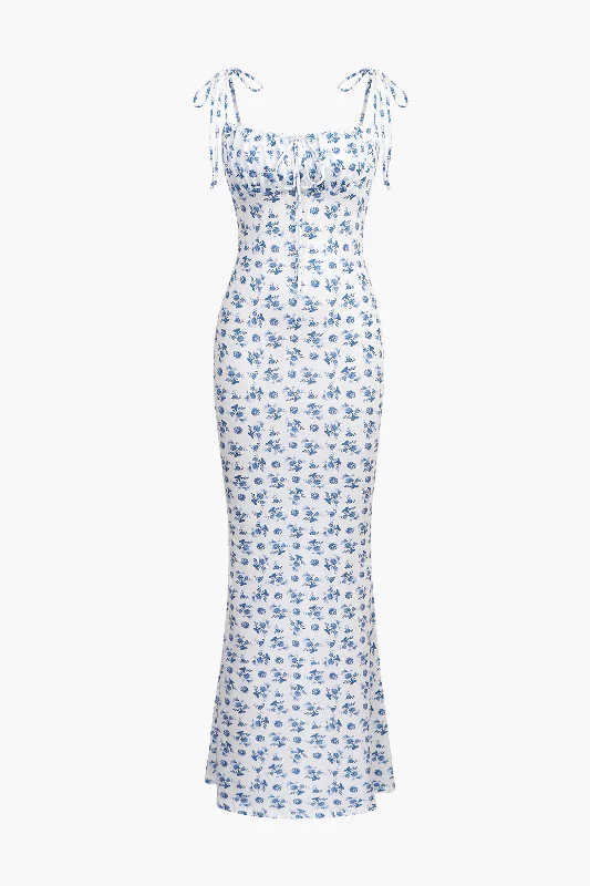 maxi dresses with quirky patterns -Floral Print Tie Strap Maxi Dress