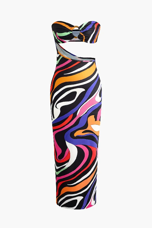 affordable maxi dresses for dates -Abstract Print Cut Out Strapless Maxi Dress