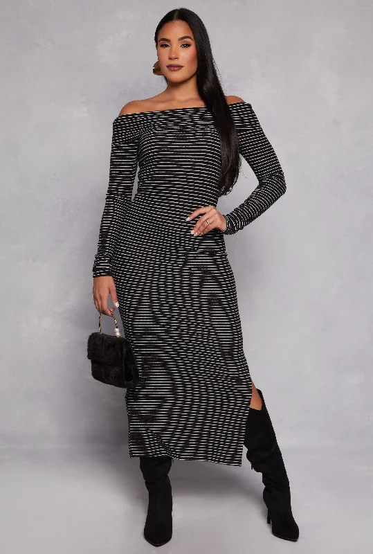 casual maxi dresses for teens -Almost Famous Striped Off the Shoulder Maxi Dress