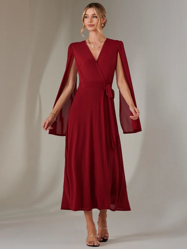 maxi dresses with floral designs -Amira Cape Sleeve Wrapped Maxi Dress, Merlot