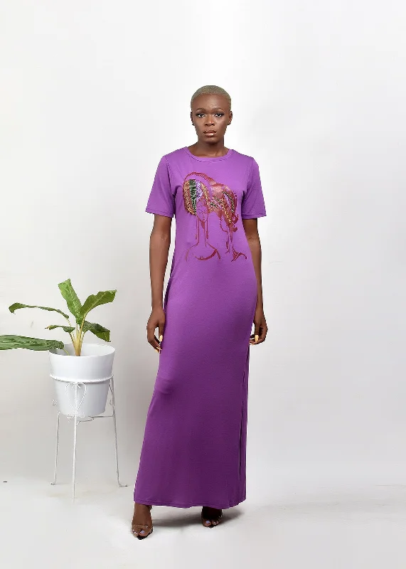 maxi dresses with leafy designs -Aimas Namke maxi t-shirt dress with beaded Gele woman image