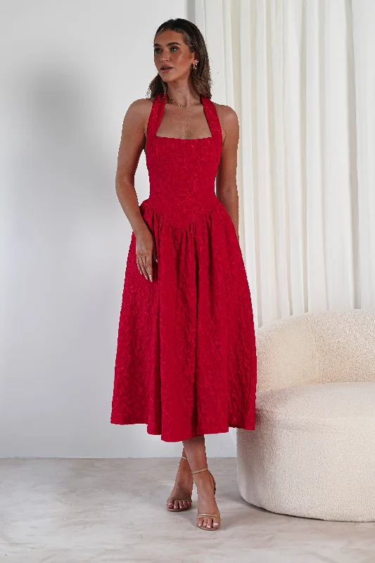 maxi dresses with unique frills -Margot Textured Midaxi Dress | Red