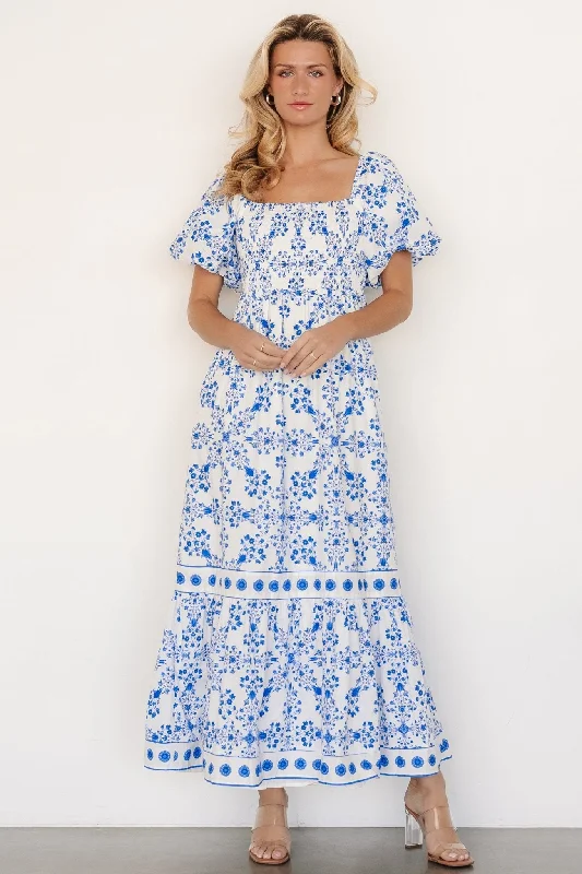 maxi dresses with floral sleeves -Lexa Smocked Maxi Dress | Off White + Blue Floral