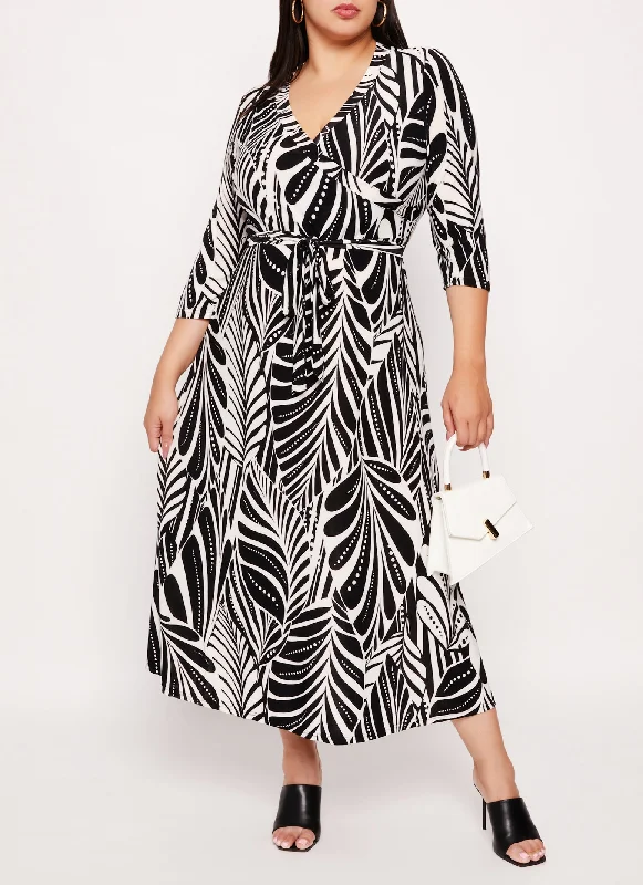 elegant maxi dresses for nights -Plus Size Leaf Print Faux Wrap Dress