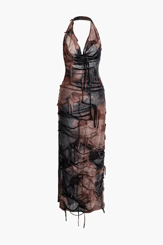 trendy maxi dresses for warmth -Tie Dye Distressed Mesh Slit Halter Cowl Neck Maxi Dress