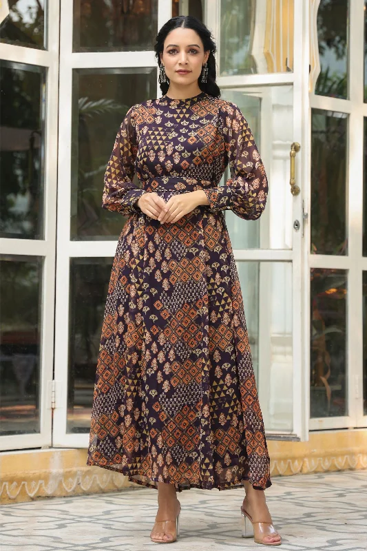 maxi dresses with floral frills -Juniper Black Ethnic Motif Printed Chiffon Flared Maxi Dress With Buttons.