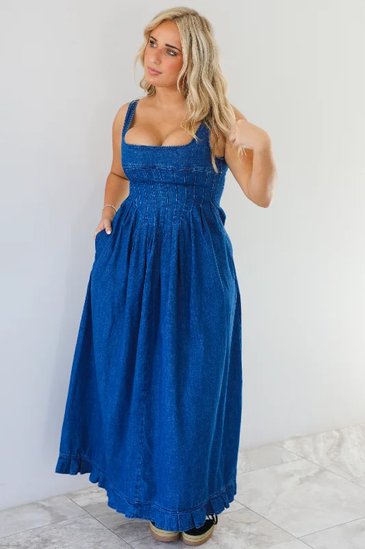 cute maxi dresses for women -Cancelled Plans Denim Maxi Dress: Denim