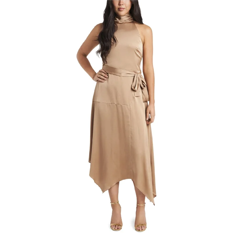 elegant midi dresses for warmth -Vince Camuto Womens Halter Neck Belted Midi Dress, Beige, 10