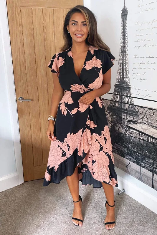 trendy midi dresses for style -Blush and Black Floral Print Wrap Midi Dress