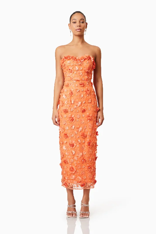 chic midi dresses for women -Bluebell Strapless 3D Midi Dress in Orange