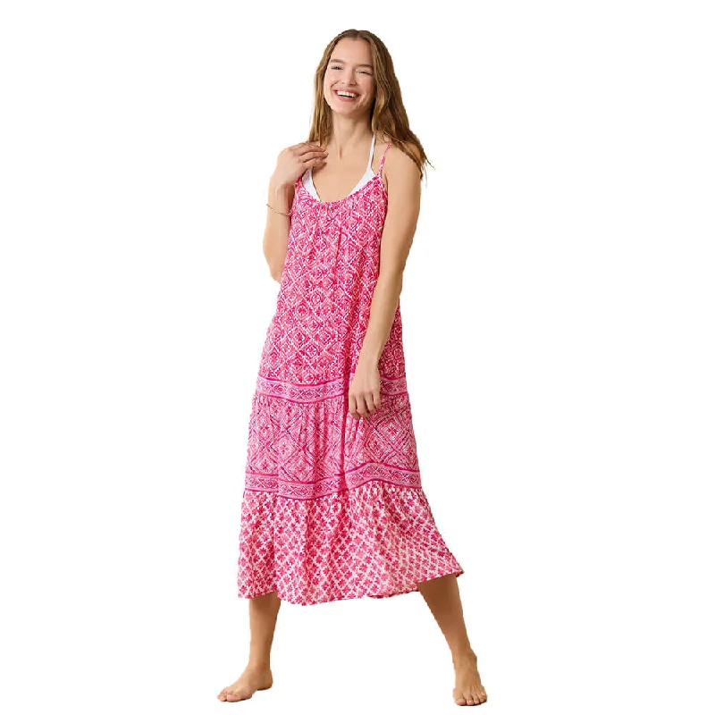 casual midi dresses for women -Tommy Bahama Shell Beach Tier Boarder Midi Cover Up - Passion Pink*