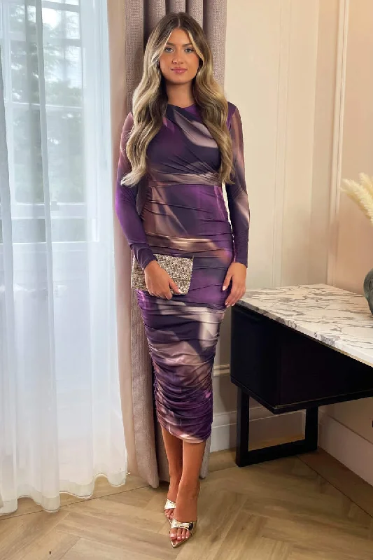 satin midi dresses for evenings -Plum Printed Long Sleeve Ruched Bodycon Midi Dress