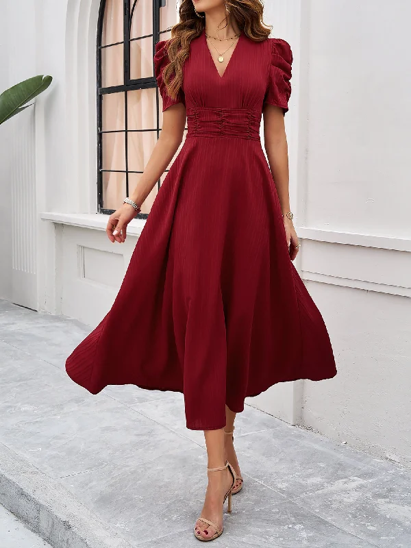 boho midi dresses with tassels -Textured Puff Short Sleeves Ruched Midi A-Line Dress